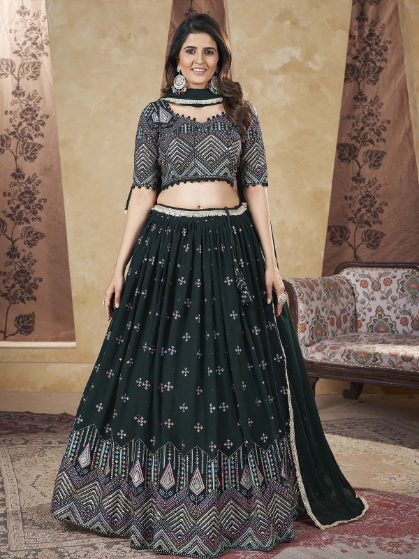 Dark Green Georgette Readymade Lehenga Choli